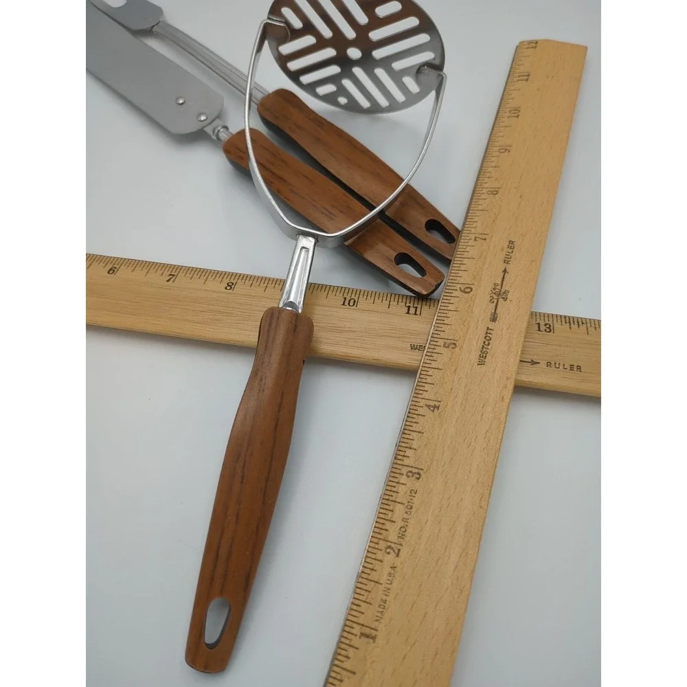 Vtg EKCO Stainless Cooking Utensils Woodgrain‎ Faux Wood Set of 3 Retro USA